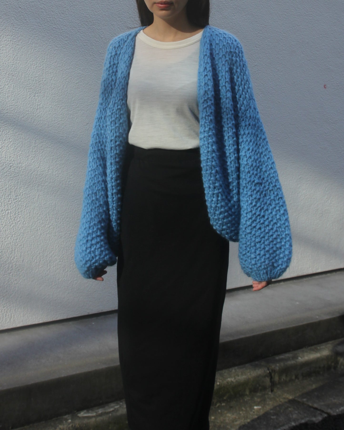 ALPACA PEARL PATTERN BOMBER CARDIGAN - CHINA BLUE