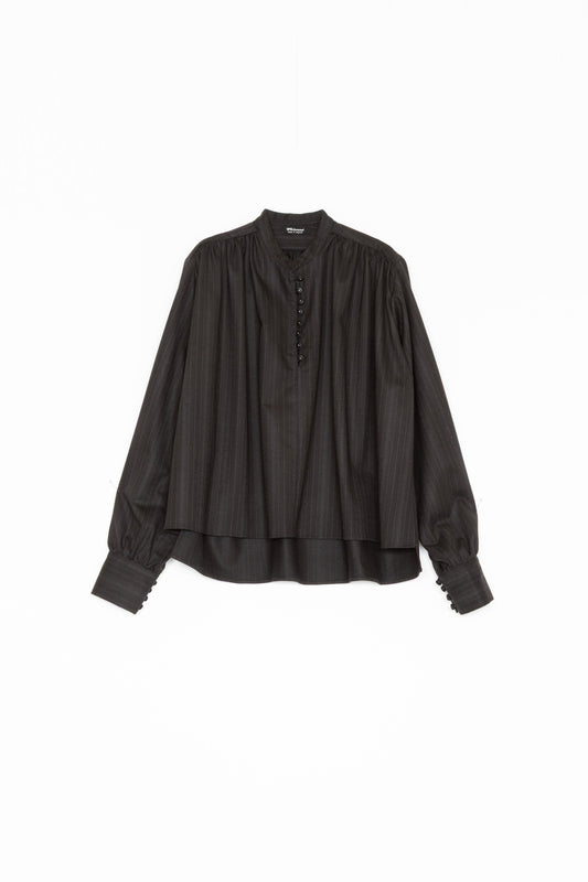 【Whiteread / ホワイトリード】Gathered Button shirt - Coal stripe